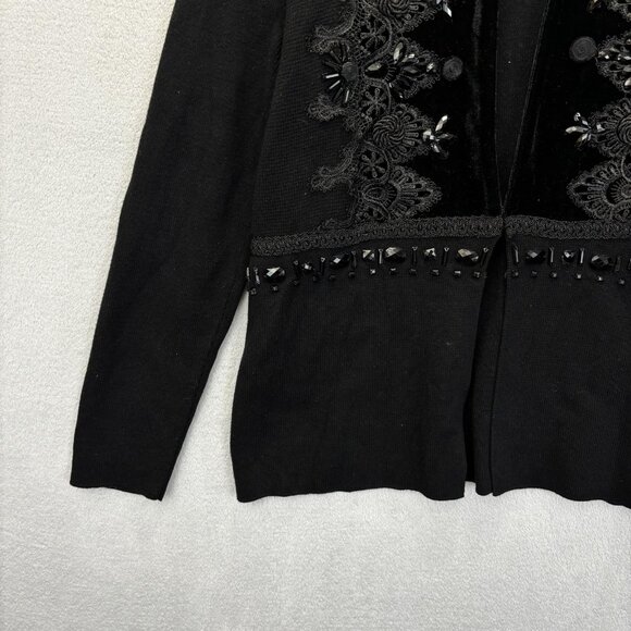 Chico's 2 Embellished Cardigan Sweater (Large) Black Velvet Beaded Lace Jacket - Picture 9 of 13